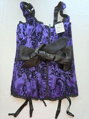 Fredricks of Hollywood Corset Set Purple And Black Sz Small Zip And Tie